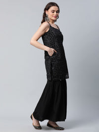 Thumbnail for Ahalyaa Women Black Net Glitter Print Short Kurti With Sharara Dupatta Set - Distacart