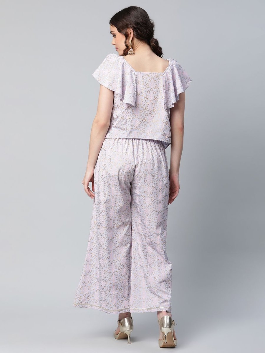 Ahalyaa Women Powder Blue Crepe Khari Printed Top with Palazzo Set - Distacart