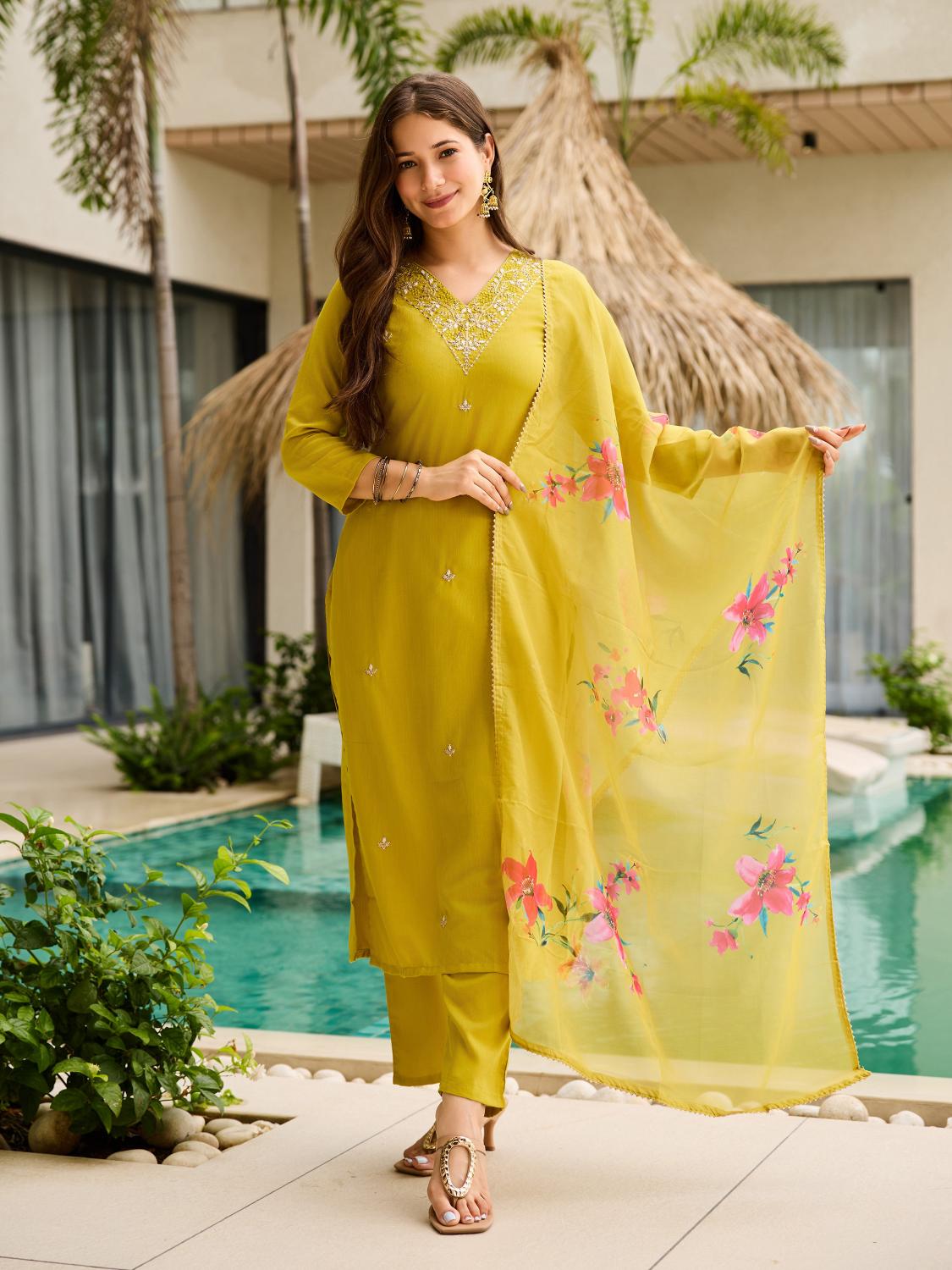 The52 Yellow Embroidered Rayon Slub Fabric Straight Kurta, Pant and Dupatta Set