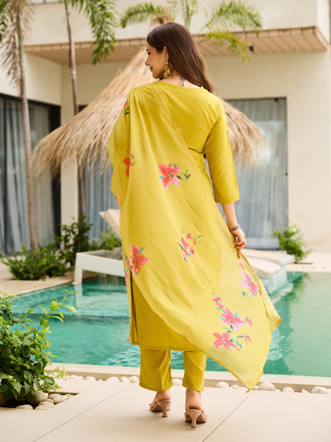 The52 Yellow Embroidered Rayon Slub Fabric Straight Kurta, Pant and Dupatta Set