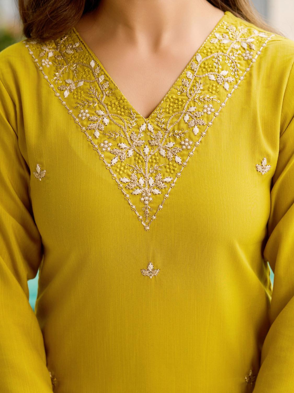 The52 Yellow Embroidered Rayon Slub Fabric Straight Kurta, Pant and Dupatta Set