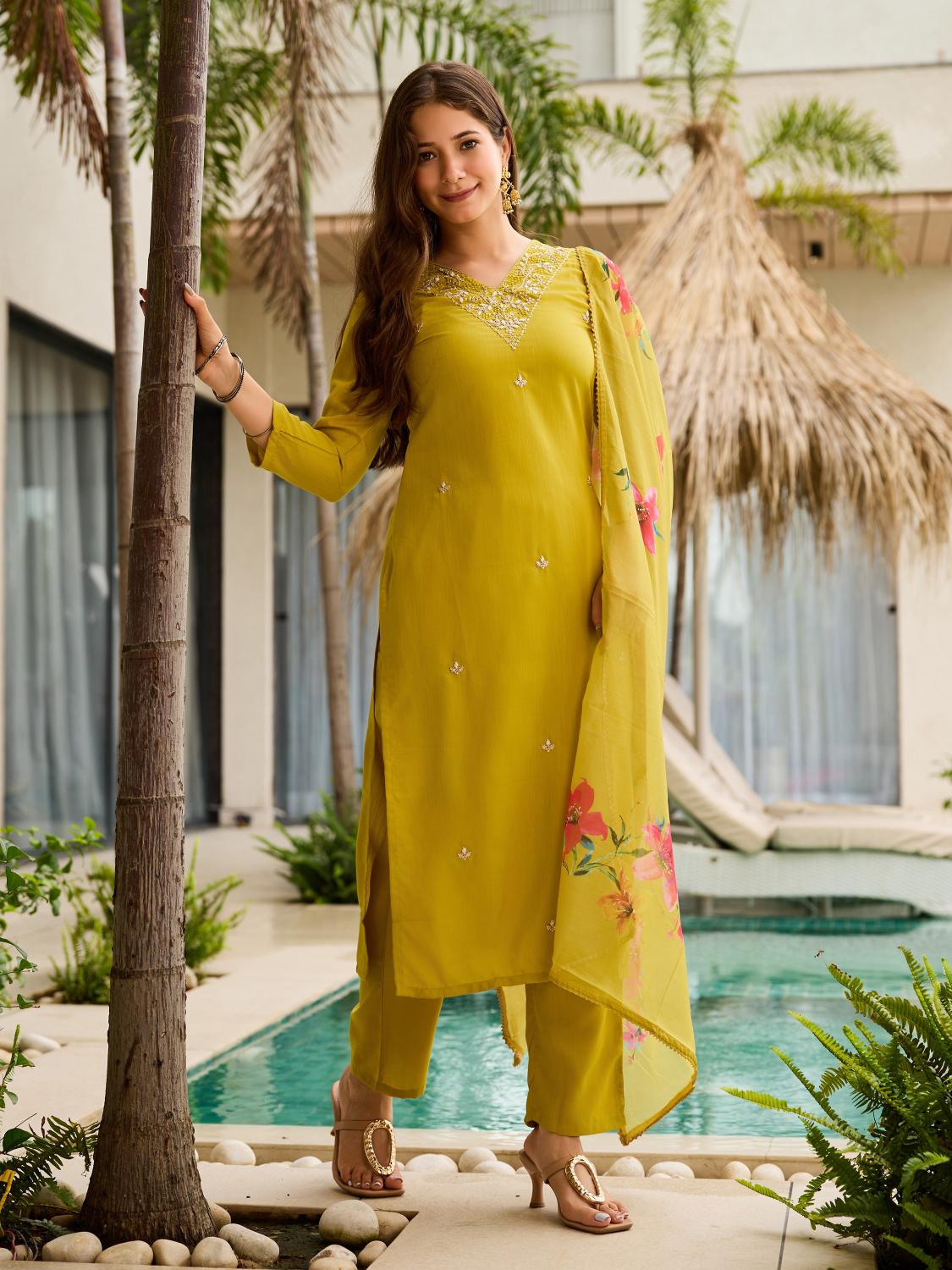 The52 Yellow Embroidered Rayon Slub Fabric Straight Kurta, Pant and Dupatta Set