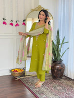 Thumbnail for The52 Women's Viscose Embroidery work Straight Kurta with Pant and Dupatta Set