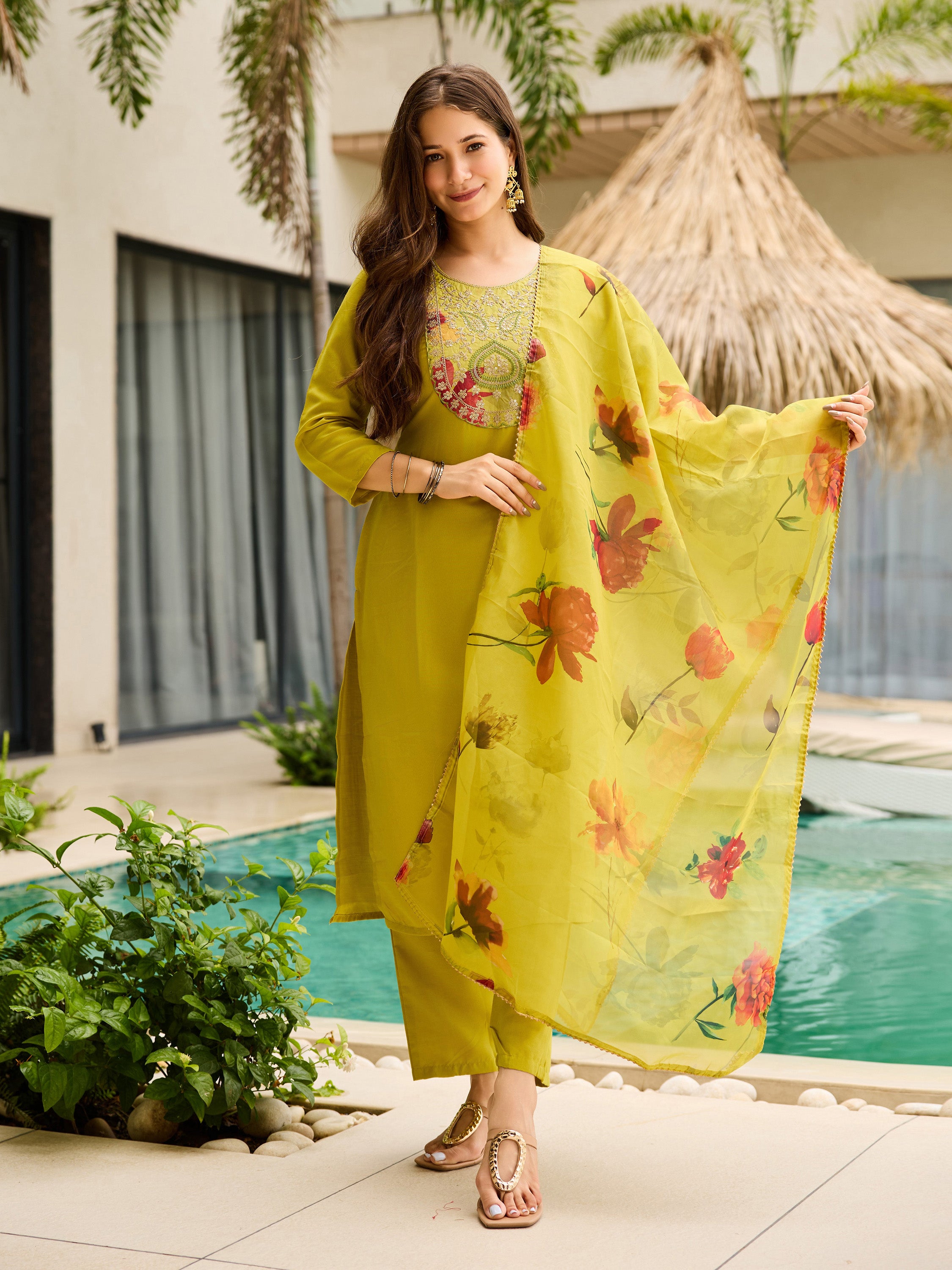 The52 Women Embroidered Rayon Fabric Straight Kurta, Pant and Dupatta Set