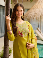 Thumbnail for The52 Women Embroidered Rayon Fabric Straight Kurta, Pant and Dupatta Set