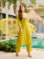 Thumbnail for The52 Women Embroidered Rayon Fabric Straight Kurta, Pant and Dupatta Set
