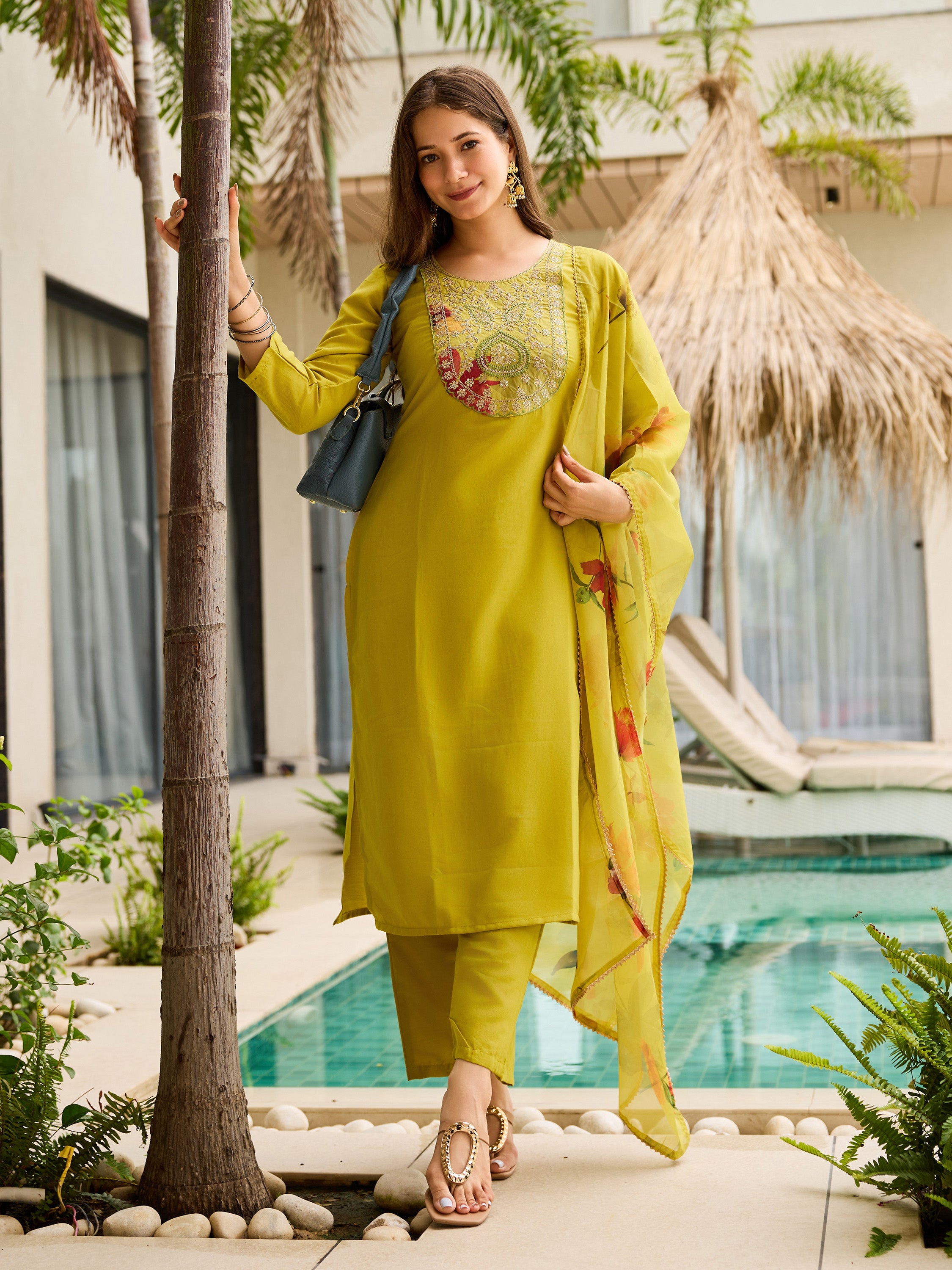The52 Women Embroidered Rayon Fabric Straight Kurta, Pant and Dupatta Set