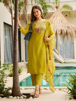 Thumbnail for The52 Women Embroidered Rayon Fabric Straight Kurta, Pant and Dupatta Set