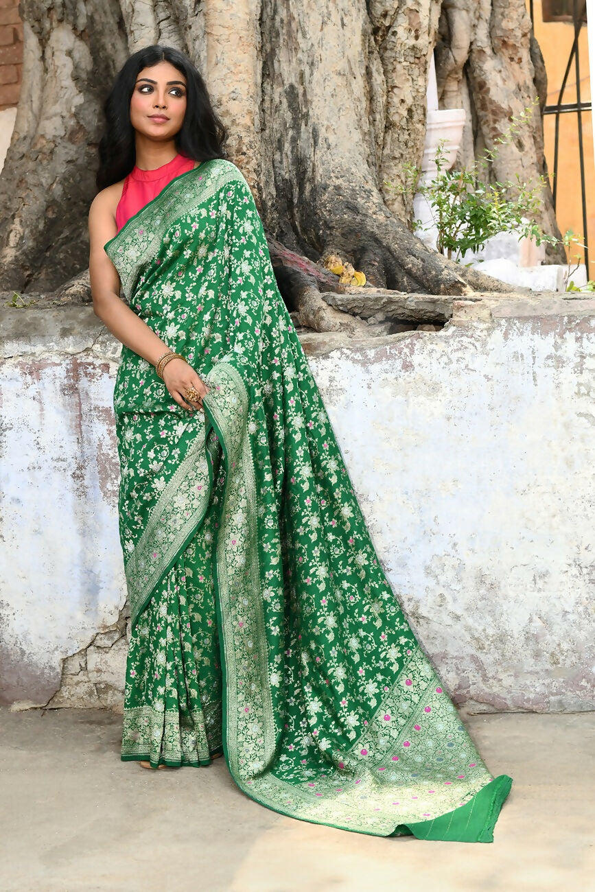 Joban Fashion Green Pure Crepe Pure Handloom Banarasi Silk Saree