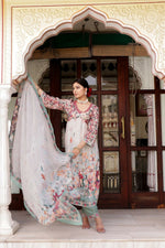 Thumbnail for Vaasva Women Maroon Muslin Floral Printed Alia Cut Kurta, Pant & Dupatta set - Distacart