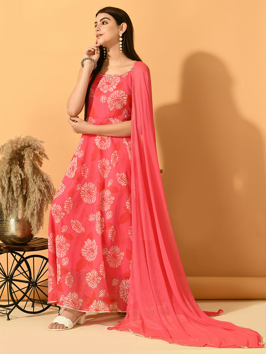 Myshka Women's Pink Festive Flared Anarkali Kurta With Dupatta sets - Distacart