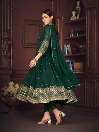 Thumbnail for Jyoti Fashion Women's Golden & Bottle Green Georgette Embroidered Anarkali Kurta Pant Set With Dupatta