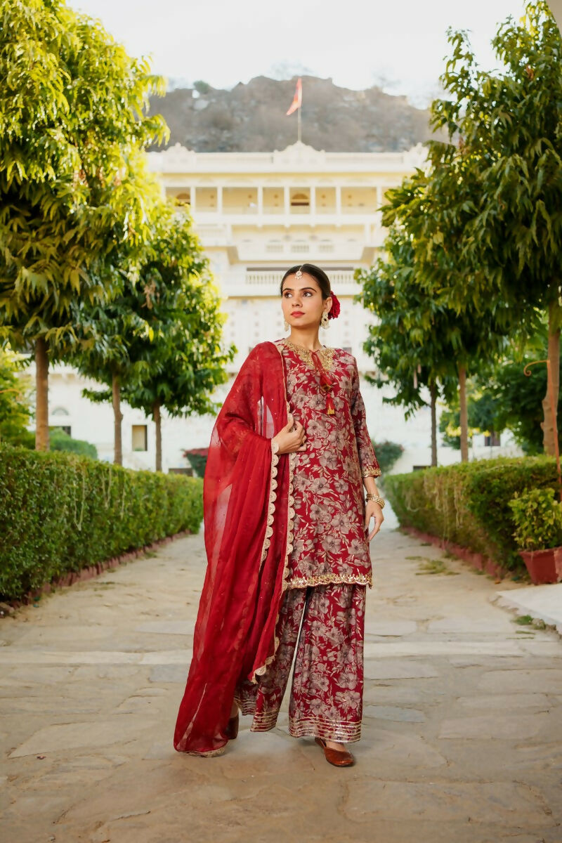 Vaasva Women Maroon Muslin Floral & Embroidered Cut Work Kurta ,Sharara & Dupatta set - Distacart