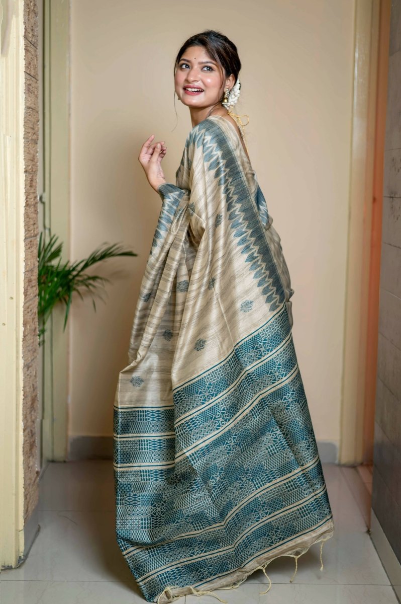 Aastha Fashion Teal Thread Woven Handloom Tussar Silk Saree with Blouse - Distacart