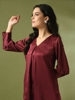 Thumbnail for Myshka Women's Maroon Solid Satin V-Neck Party Tunic With Trousers Co-ord set - Distacart