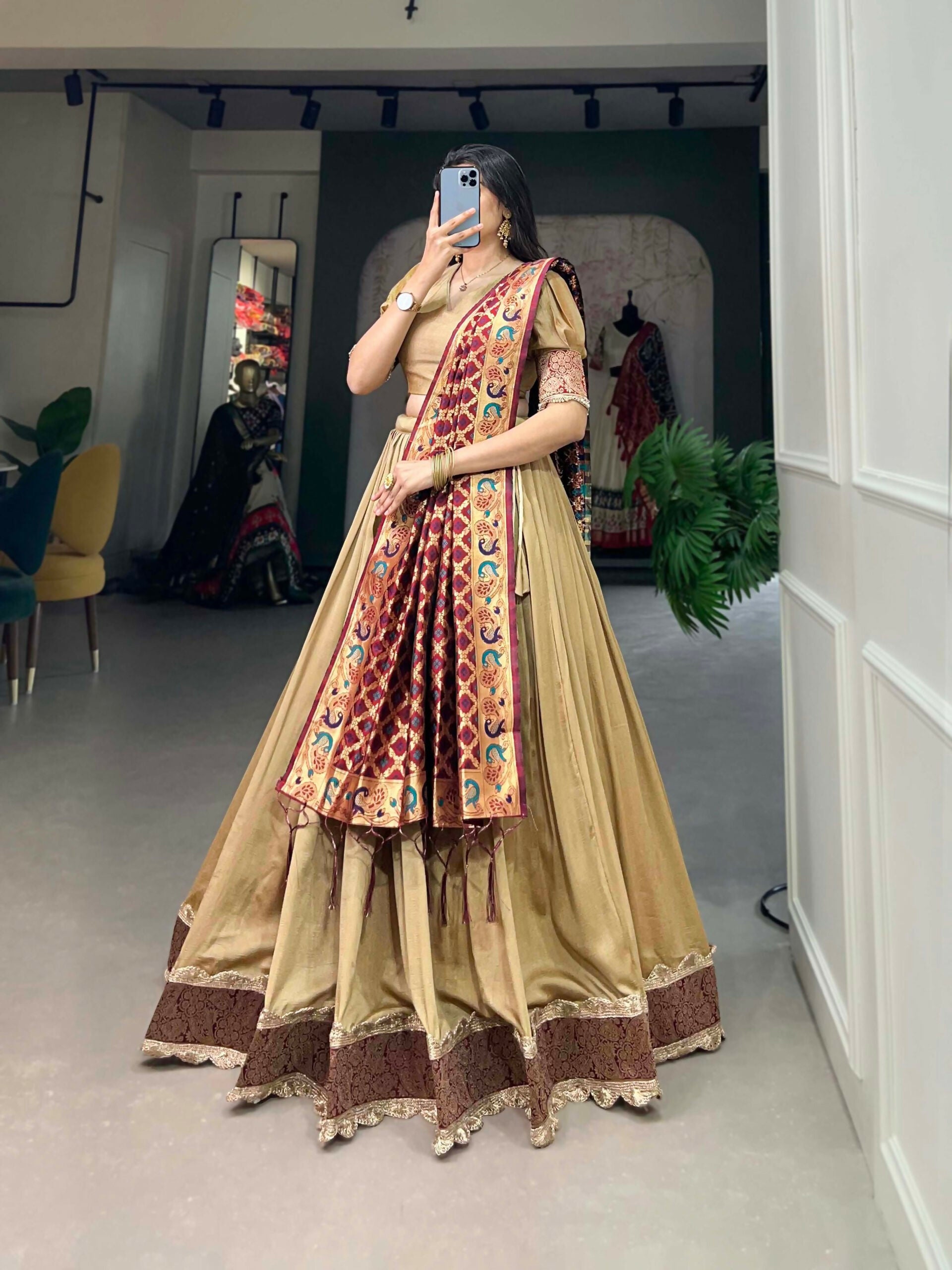 Vastranavya Traditional Jacquard Vichitra Silk Lehenga Choli - Chiku - Distacart