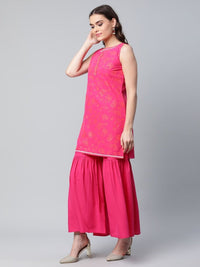 Thumbnail for Ahalyaa Pink Crepe Orange khari Print Kurta Sharara Set With Dupatta - Distacart