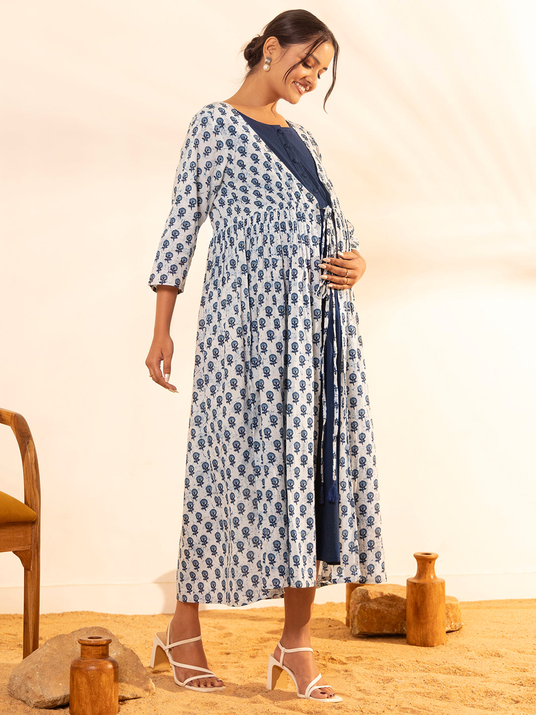 Janasya White Cotton Floral A-Line Dress