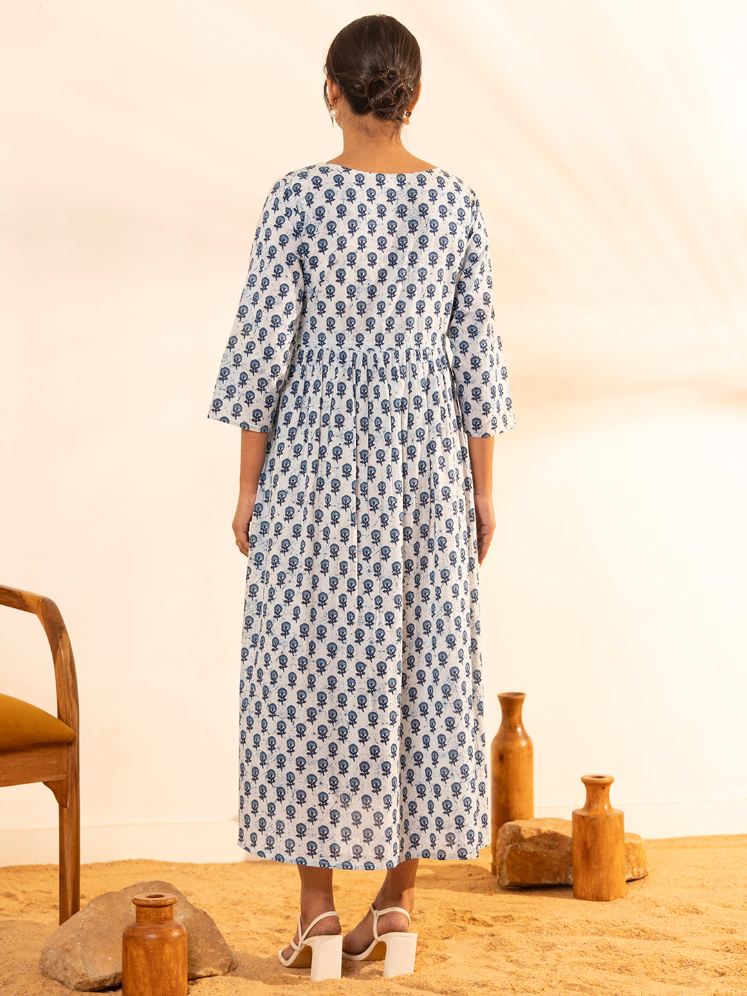 Janasya White Cotton Floral A-Line Dress