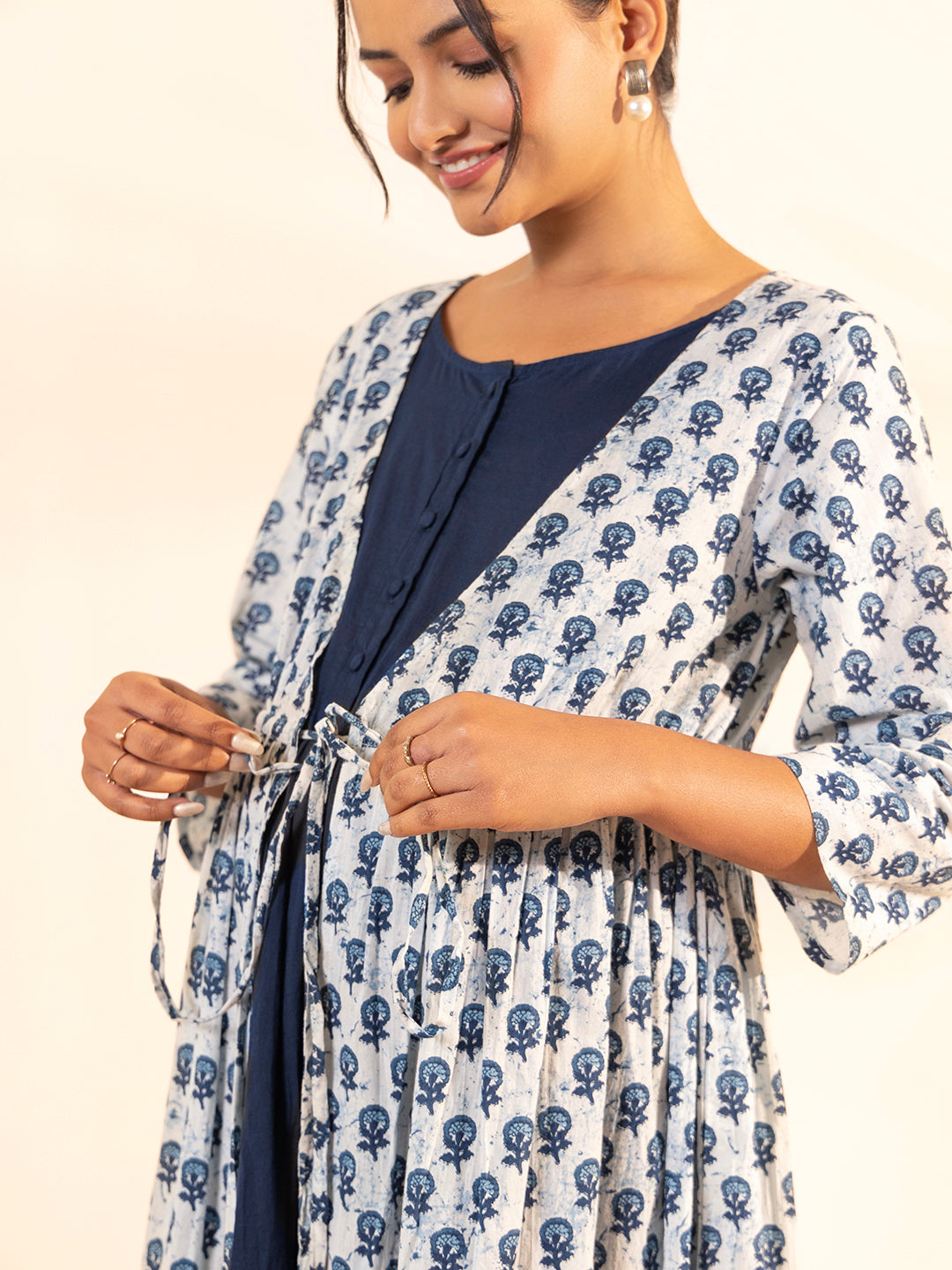 Janasya White Cotton Floral A-Line Dress