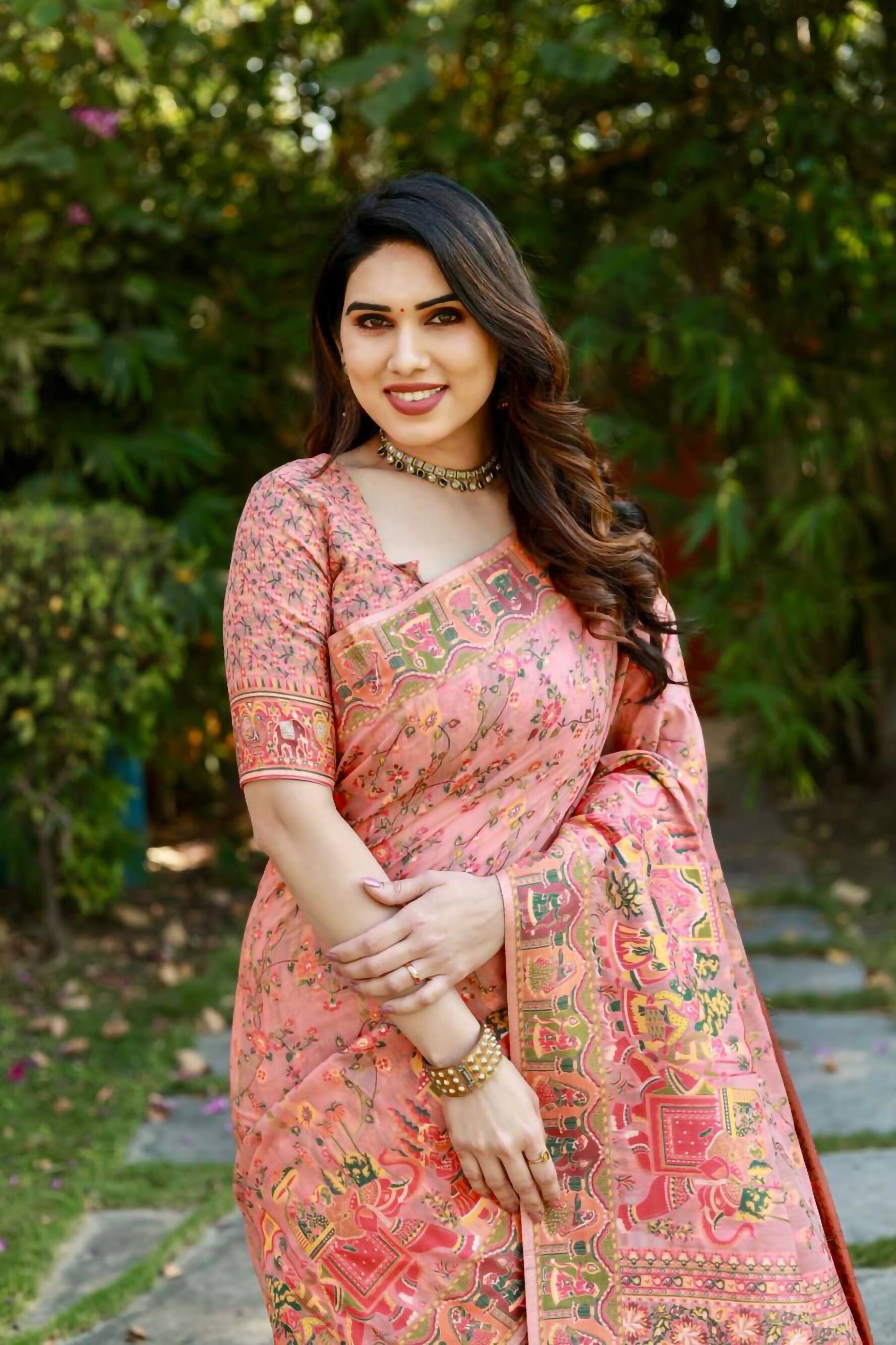 Vastranavya Luxury and Beautiful Soft, Smooth, Flowing Original Pashmina Soft Cotton Saree with Matching Blouse Fabric - Peach - Distacart