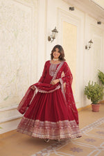 Thumbnail for Evanik Red Faux Blooming Gown with Dupatta With Attractive Embroidered Sequins work