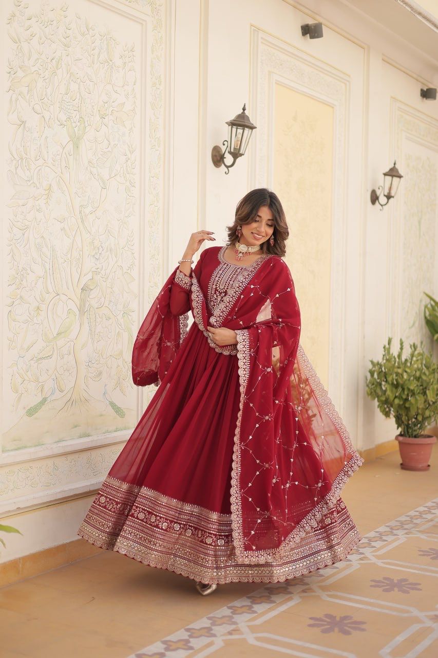Evanik Red Faux Blooming Gown with Dupatta With Attractive Embroidered Sequins work