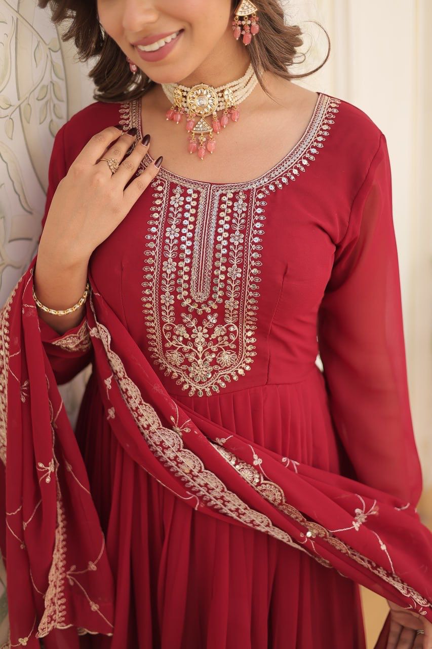 Evanik Red Faux Blooming Gown with Dupatta With Attractive Embroidered Sequins work