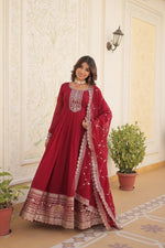 Thumbnail for Evanik Red Faux Blooming Gown with Dupatta With Attractive Embroidered Sequins work