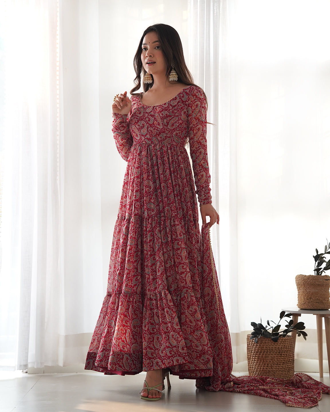 Lorenvalley Fashion Women Pure Soft Georgette Kalamkari Print Fully Flair Anarkali With Pant Dupatta Set - Maroon - Distacart