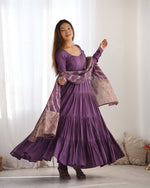 Thumbnail for Evanik Mauve Pure Roman Silk Chanderi With Fully Flair Anarkali Pant With Dupatta