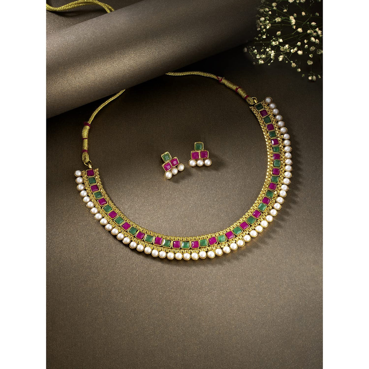Gold Plated Traditional White Choker Necklace Jewellery Set For Women/Girls - Wahe Jewels