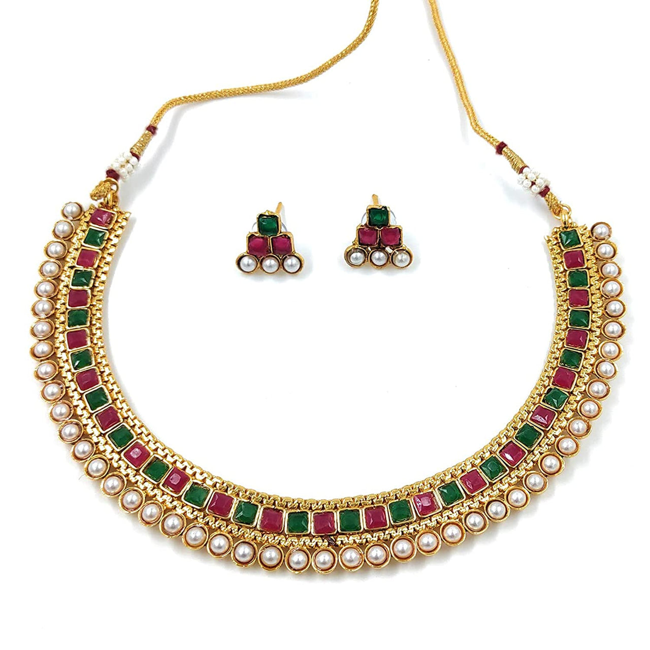 Gold Plated Traditional White Choker Necklace Jewellery Set For Women/Girls - Wahe Jewels