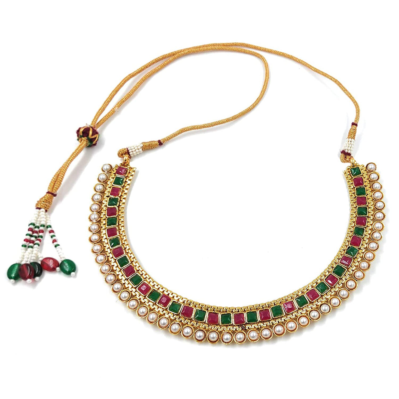 Gold Plated Traditional White Choker Necklace Jewellery Set For Women/Girls - Wahe Jewels
