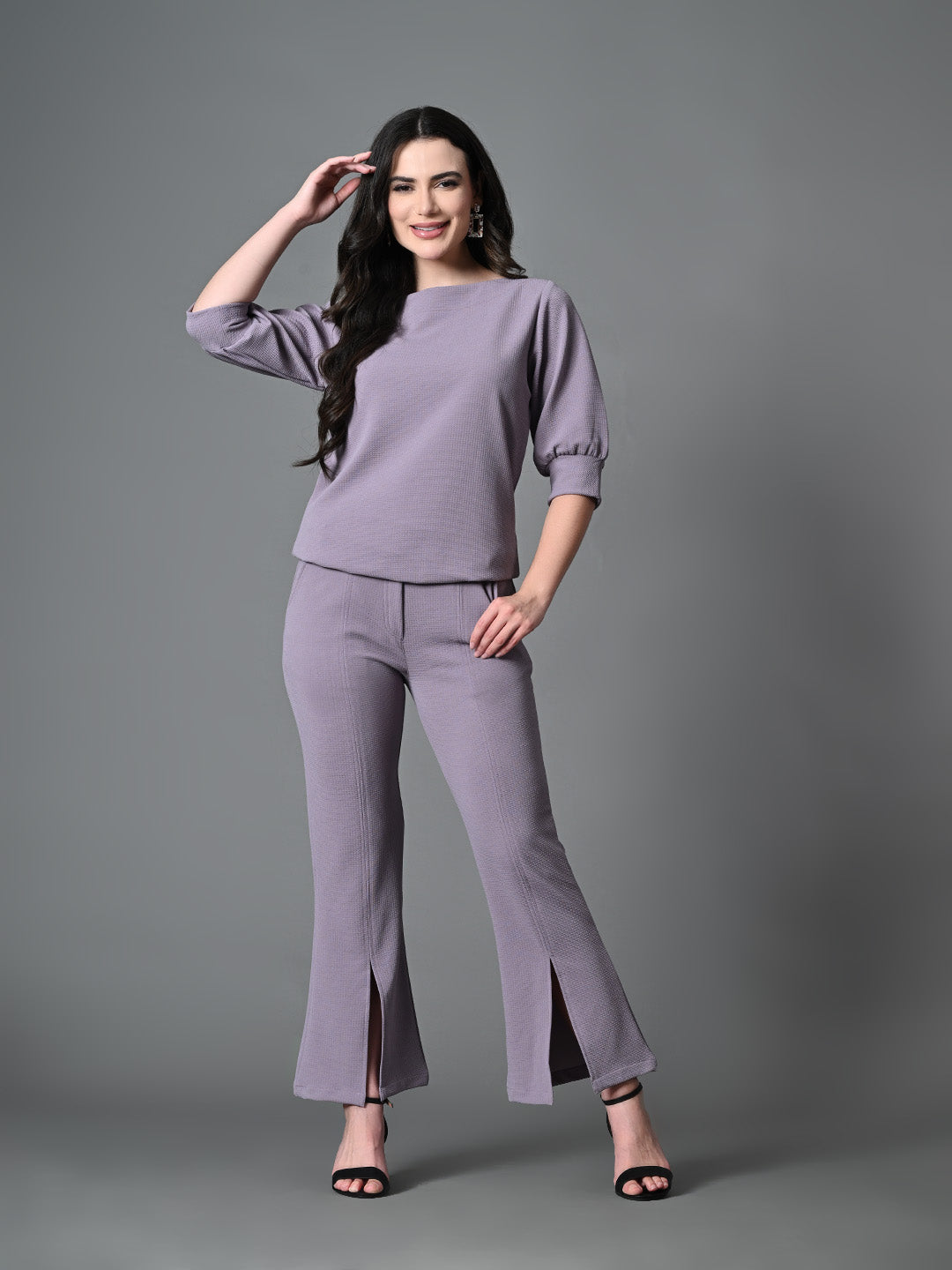 Myshka Lavender Solid Boat Neck Casual Top With Trousers Co-ord set
