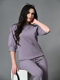 Thumbnail for Myshka Lavender Solid Boat Neck Casual Top With Trousers Co-ord set