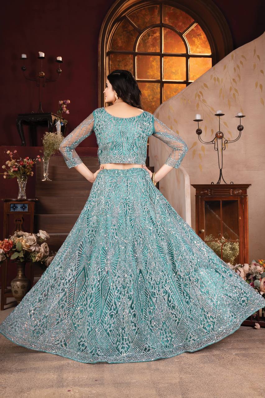 Lehenga Mart Designer Aqua Bollywood Style Bridal Lehenga Choli - Aqua-Blue - Distacart