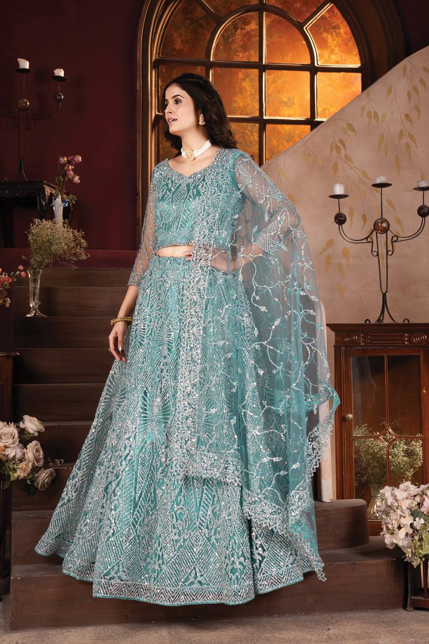 Lehenga Mart Designer Aqua Bollywood Style Bridal Lehenga Choli - Aqua-Blue - Distacart