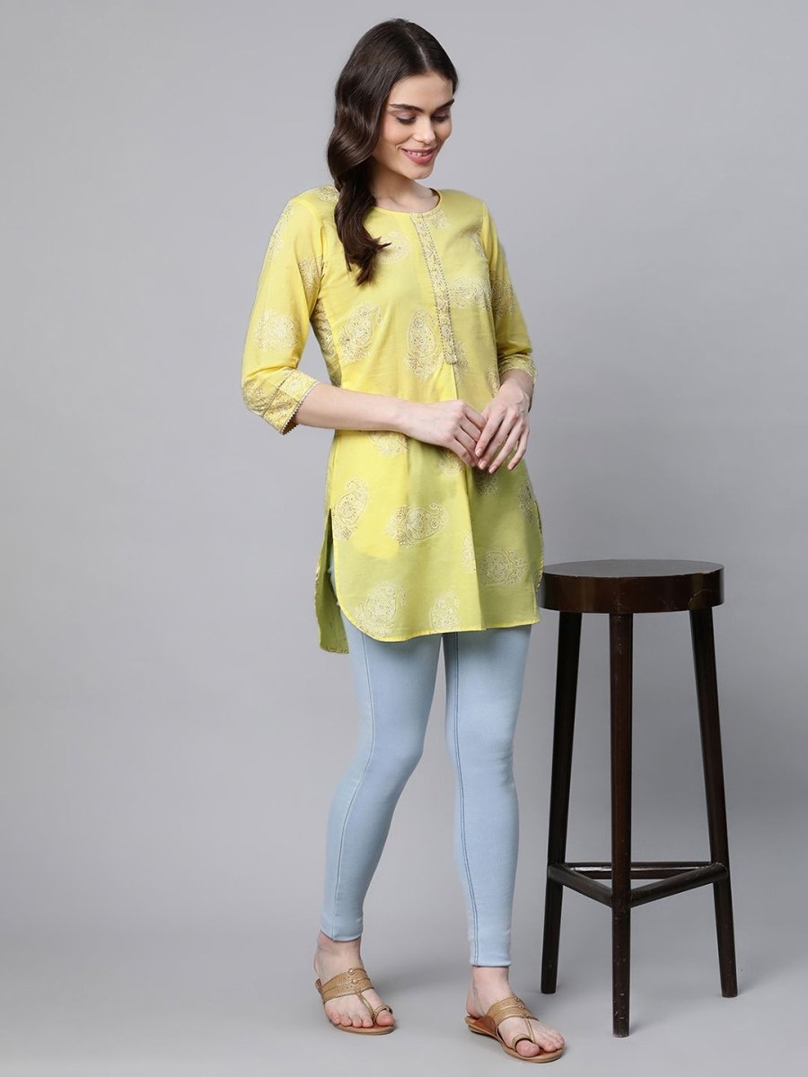 Ahalyaa Women Yellow Pure Cotton Glitter Print Tunic - Distacart