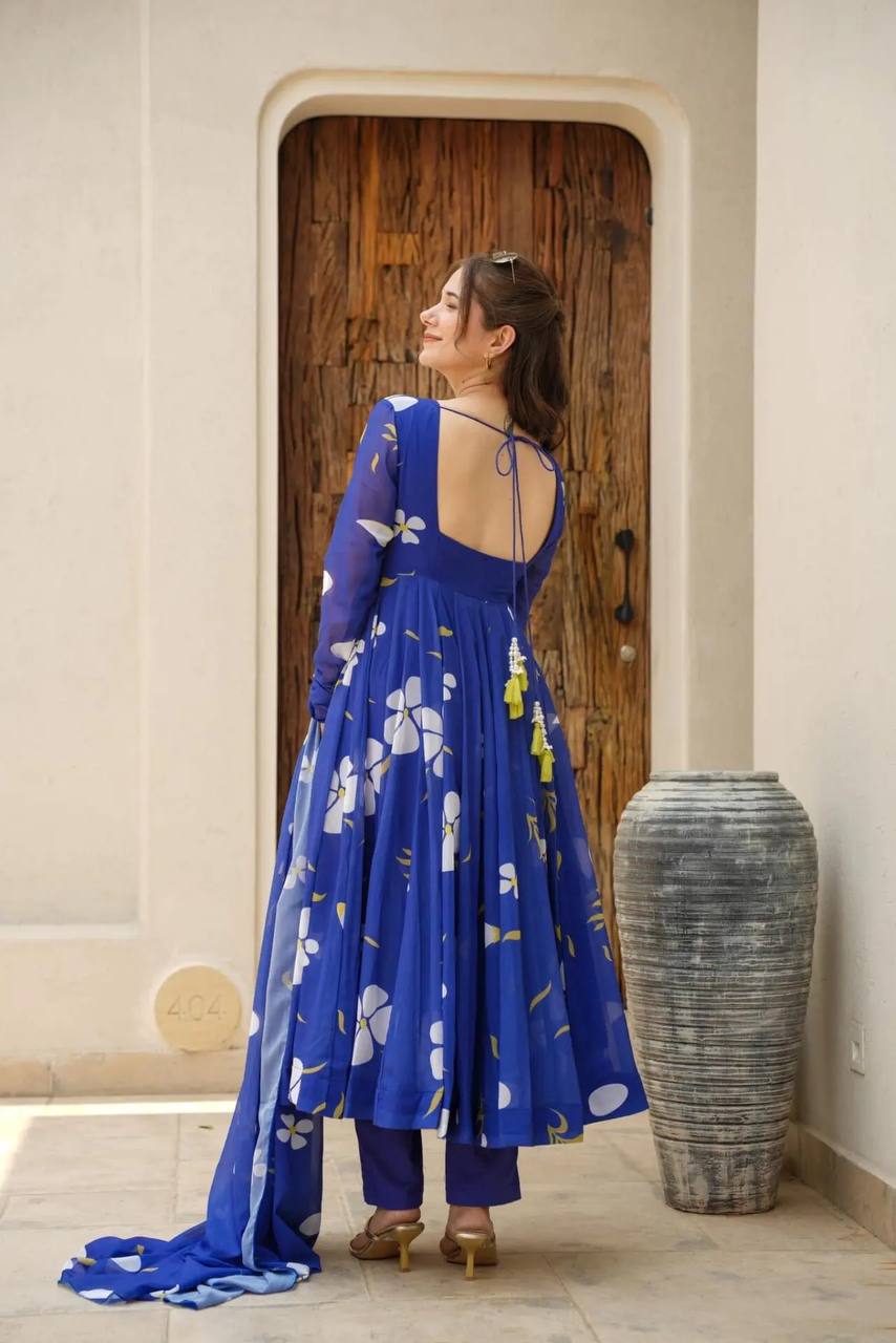 Avantini Women's Blue Georgette Digital Print Anarkali Kurta Pant With Dupatta