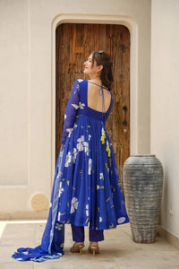 Thumbnail for Avantini Women's Blue Georgette Digital Print Anarkali Kurta Pant With Dupatta
