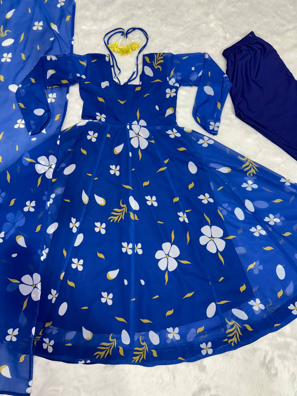 Avantini Women's Blue Georgette Digital Print Anarkali Kurta Pant With Dupatta