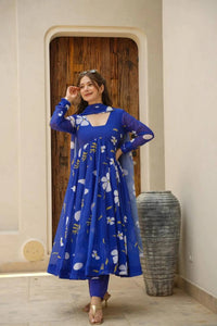 Thumbnail for Avantini Women's Blue Georgette Digital Print Anarkali Kurta Pant With Dupatta