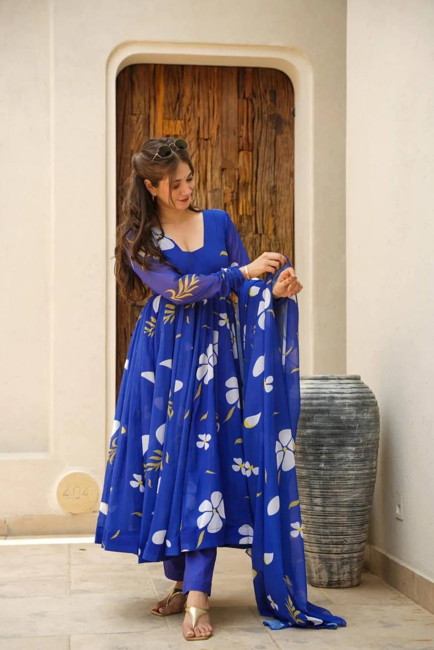 Avantini Women's Blue Georgette Digital Print Anarkali Kurta Pant With Dupatta