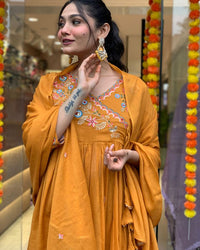 Thumbnail for Lyush Women Viscose Chanderi Kurta With Pant And heavy Embroidery Dupatta Set - Orange