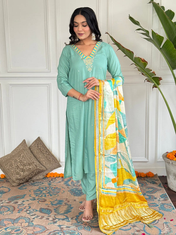 Lyush Women's Pista Viscose Embroidered Straight Kurta with Viscose Pant And Gajii silk Printed Dupatta Sets
