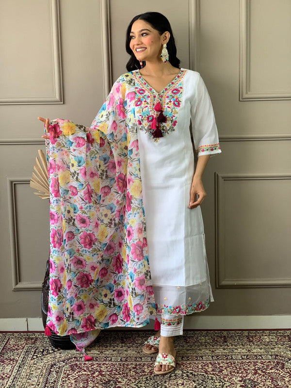 Lyush Women's White Chanderi Embroidered Straight Kurta with Chanderi Pant And Organza Printed Dupatta Sets
