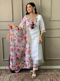 Thumbnail for Lyush Women's White Chanderi Embroidered Straight Kurta with Chanderi Pant And Organza Printed Dupatta Sets