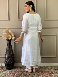 Thumbnail for Lyush Women's White Chanderi Embroidered Straight Kurta with Chanderi Pant And Organza Printed Dupatta Sets