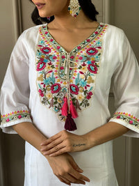 Thumbnail for Lyush Women's White Chanderi Embroidered Straight Kurta with Chanderi Pant And Organza Printed Dupatta Sets